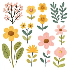 whimsical watercolor cute Vibrant floral illustrations with various blooms.