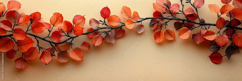 Poster minimal and serene autumn scene with delicate branches and softly falling leaves on isolated backgro