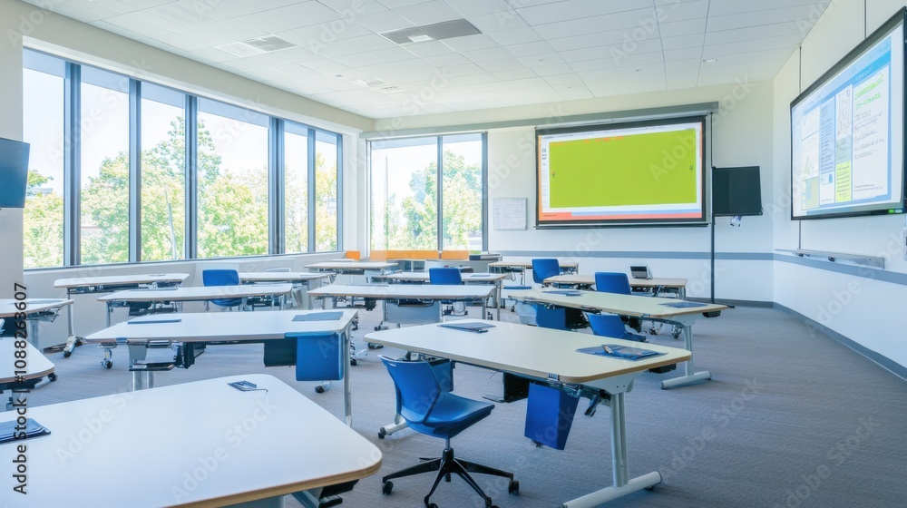 Fototapete A sophisticated AI-powered smart classroom with interactive digital boards, modern educational setting with integrated interactive displays and student engagement tools, Digital Learning style