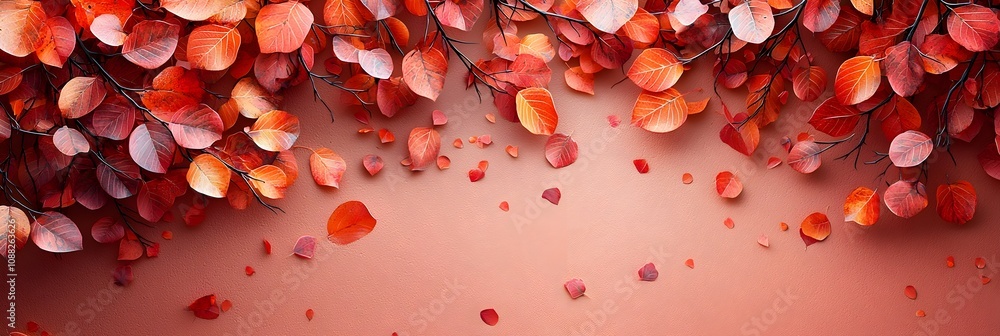 Poster minimalist autumn scene with delicate branches and gently falling leaves against a plain isolated ba