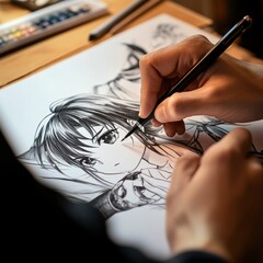 Anime. Close-up on hand. An artist draws an anime comic in the studio. Manga.
