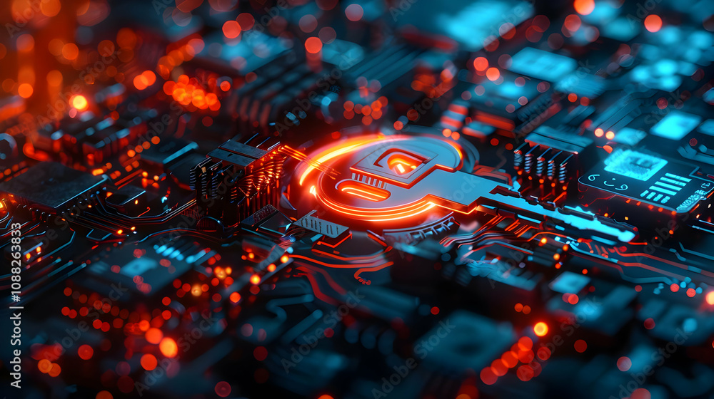 Poster abstract 3d render: glowing cryptocurrency key embedded in circuit board, futuristic technology back