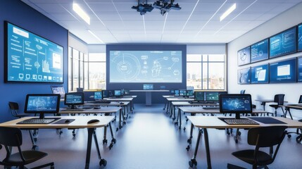 A sophisticated AI-powered smart classroom with interactive digital boards, modern educational setting with integrated interactive displays and student engagement tools, Digital Learning style