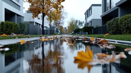 Obraz premium A serene street scene with autumn leaves reflected in water.