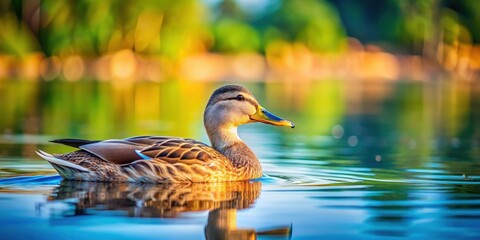 Fototapeta premium Duck swimming peacefully on a serene lake , wildlife, waterfowl, nature, tranquil, bird, feathers, reflection, peaceful, pond