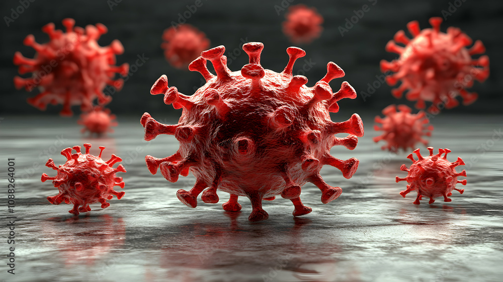 Aufkleber 3d rendering of a coronavirus particle with spikes on a gray surface