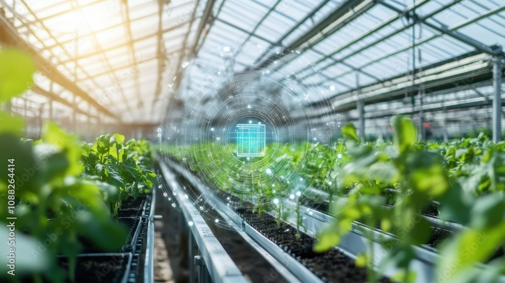 Aufkleber A sophisticated AI-powered smart farming system for greenhouse management, modern greenhouse environment with integrated sensors for optimizing plant growth and resource usage