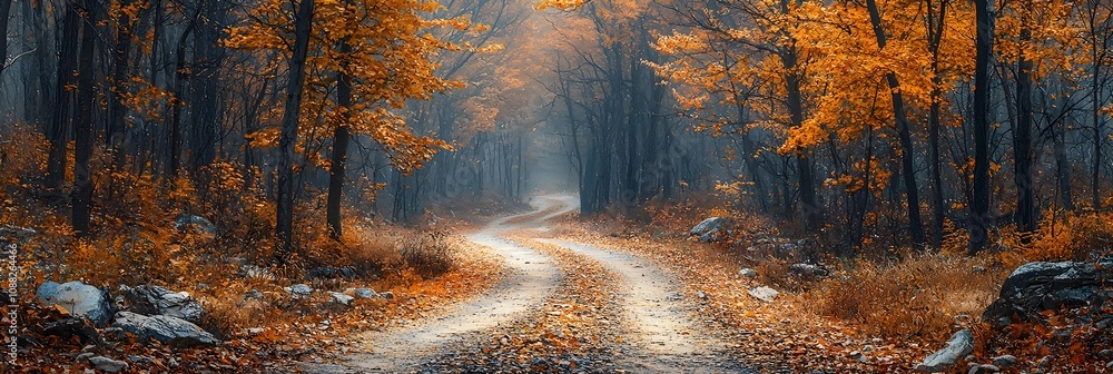 Poster peaceful and inviting autumn pathway surrounded by golden foliage and trees on an isolated backgroun