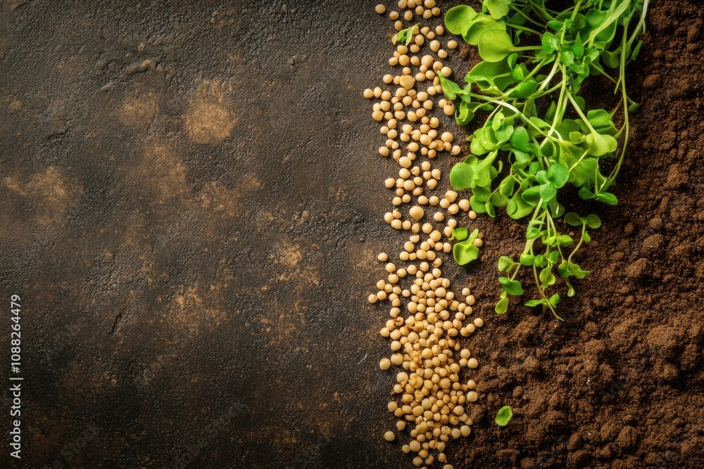 Poster fresh green sprouts are nestled on dark soil next to scattered seeds, illustrating growth and nurtur