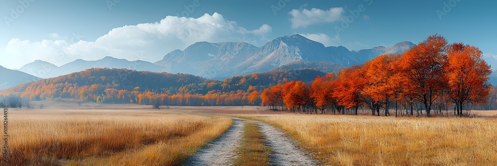 Poster breathtaking autumn landscape featuring distant mountains and a vibrant array of colorful trees set 