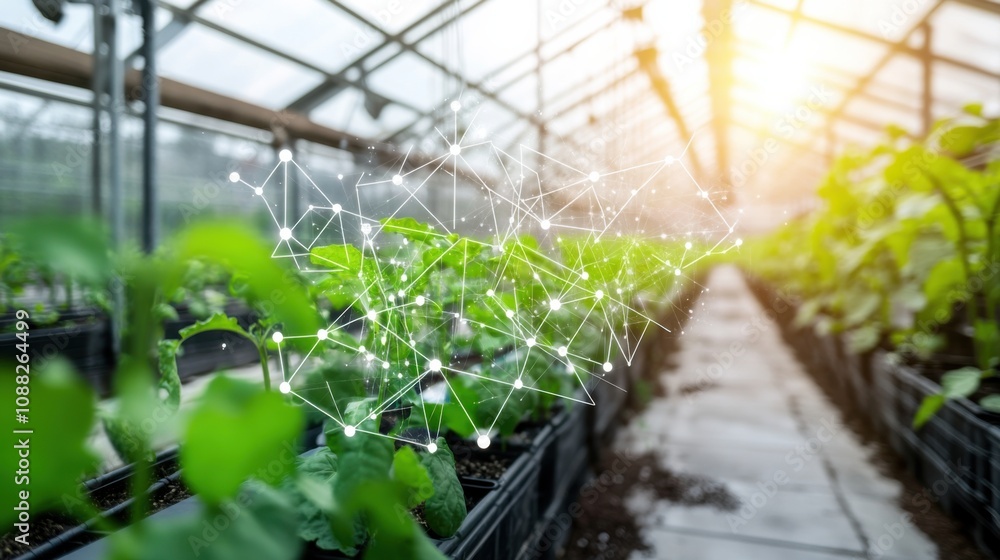 Poster A sophisticated AI-powered smart farming system for greenhouse management, modern greenhouse environment with integrated sensors for optimizing plant growth and resource usage