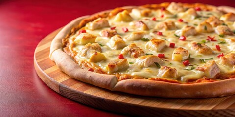 Close up of a traditional Brazilian Pizza topped with chicken and catupiry cheese on a red background , Pizza