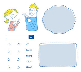 指さしポーズをする若い男性、女性とフレーム、文字と装飾用素材のセット