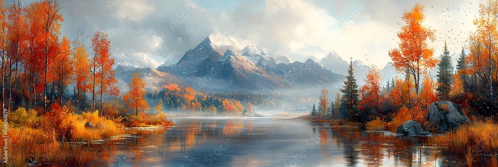 Poster stunning autumn landscape with distant mountains and vibrant colorful trees on an isolated backgroun