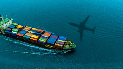 Aerial view of the freight shipping transport system cargo ship container. international transportation Export-import business, logistics, transportation industry concepts