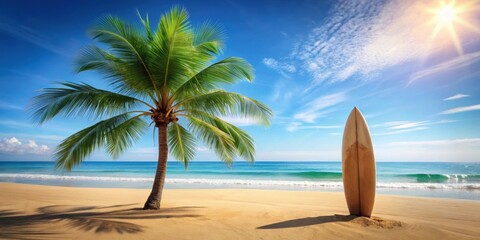 Surfboard and palm tree on a sandy beach background , surfboard, palm tree, beach, tropical, ocean, waves, summer, vacation