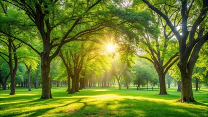 Obraz premium Blurry green park with sunlight shining through trees, nature, green, park, sun, light, abstract, background, trees, shadows
