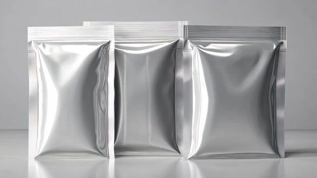 Three white plastic bags with a zipper on top. The bags are sitting on a white surface. The bags are empty and have a shiny, reflective surface
