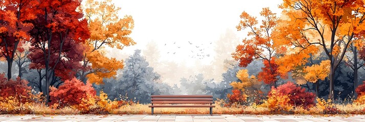 Vibrant autumn park setting with wooden benches and lush colorful foliage against a clean spacious background creating a peaceful and serene atmosphere