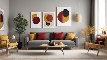 Interior of cozy dining room with houseplants, table and sofa