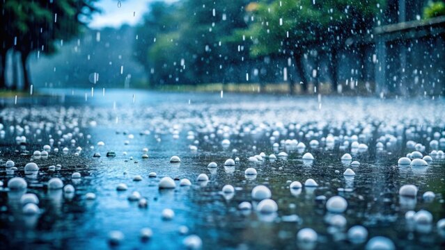 Cinematic shot of hail falling on asphalt during a heavy rainstorm , weather, storm, precipitation, asphalt