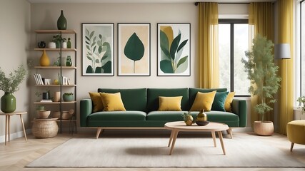 Interior of cozy dining room with houseplants, Wood table and green sofa