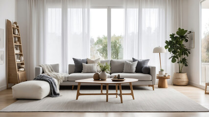 Fototapeta premium Interior of light living room with grey sofa, wooden coffee table and big window