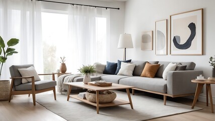 Interior of stylish modern living room with grey sofas and houseplants. 