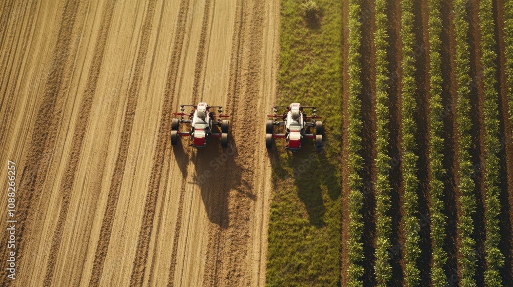 Poster two robotic machines are actively working on a farm, planting and harvesting crops in well-organized