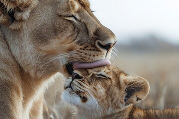 Close-up of a lioness tenderly grooming her cub, her tongue smoothing his fur as he leans into her...