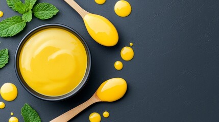 Yellow chutney sauce, spoon detail, fresh mint leaves, yogurt drizzles, vibrant flavor depiction