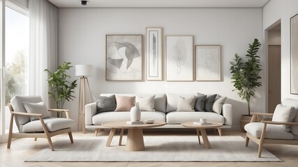 Fototapeta premium Gray sofa, coffee table and vase with blossoming branches in light living room
