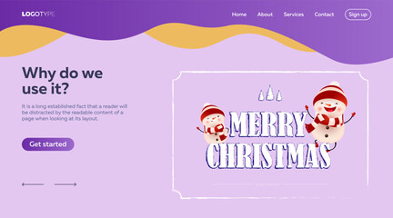 Merry Christmas lettering in frame and cheerful snowmen. Christmas landing page template. Typed text, calligraphy. For lweb invitations, posters or banners.