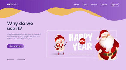 Fototapeta premium Happy New Year lettering with Santa Claus and snowman. New Year Day landing page template. Handwritten text, calligraphy. For invitations, posters or banners.