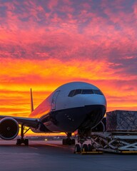A cargo airplane rests on the tarmac against a stunning sunset, with vibrant colors illuminating the sky in the background.