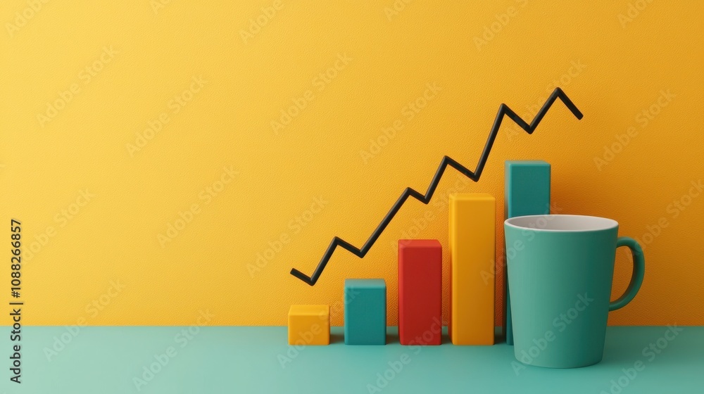 Poster seo optimization and algorithm concept. a colorful bar chart rises against a bright yellow wall, acc