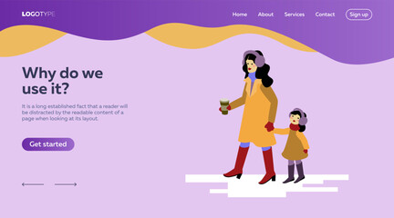 Mother holding hand of daughter while they walking illustration. Modern mother in coat and earmuffs drinking coffee and strolling with kid. Landing page template. Family concept