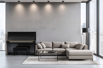 都会的で洗練されたグランドピアノのあるリビングルーム | Contemporary Living Room with Grand Piano and City View