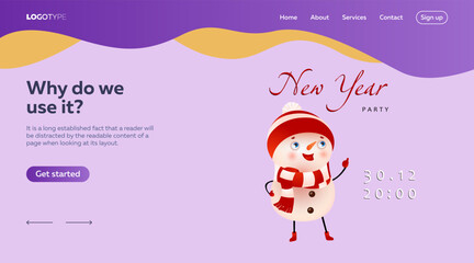 New Year party festive online invitation. Creative lettering with cartoon snowman on bright purple background. Can be used for parties, invitations, posters