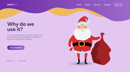 Serious Santa Claus with bag of gifts illustration. Santa Claus with white beard wearing cap. Landing page template. Christmas character concept