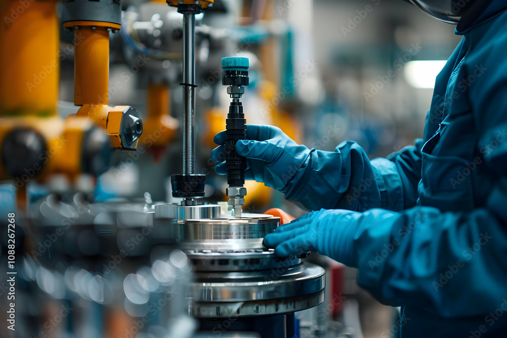 Poster gloved technician precisely aligns component onto industrial machinery in a factory setting