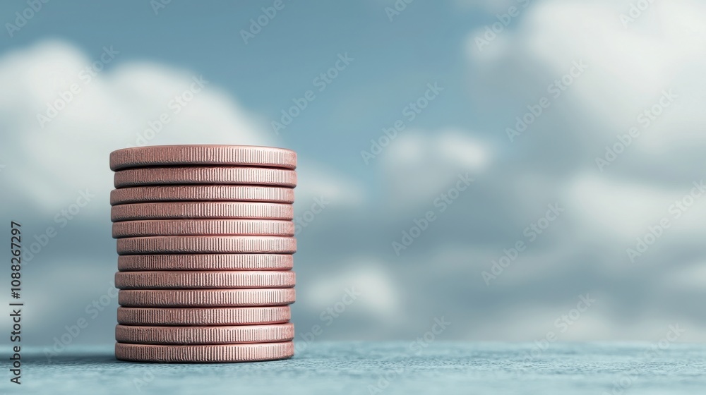 Poster seo optimization and algorithm concept. a stack of coins rests on a surface, with a soft blue sky an