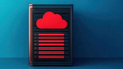 SEO optimization and algorithm concept.  A stylized server with a red cloud symbol, set against a blue backdrop, representing cloud technology and data storage.