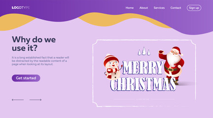 Merry Christmas lettering in frame and Santa Claus with snowman. Christmas landing page. Typed text, calligraphy. For online invitations, posters or banners.