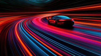 SEO optimization and algorithm concept.  A sleek car speeds along a vibrant, illuminated track, creating dynamic trails of red and blue light against a dark background.