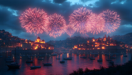 Fototapeta premium Pink fireworks explode over a coastal town at night.