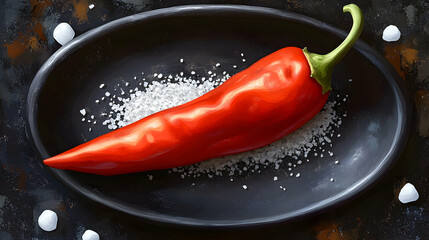 Red chili pepper on a dark oval plate with salt.