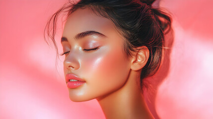Naklejka premium Close-up Portrait of a Woman with Eyes Closed and Glowing Skin Against a Pink Background, a Beautiful and Dreamy Photographic Moment.