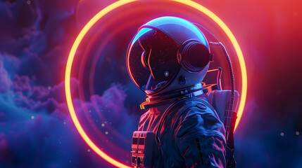 futuristic space women astronaut standing in front of the camera with a glowing neon circle in the...