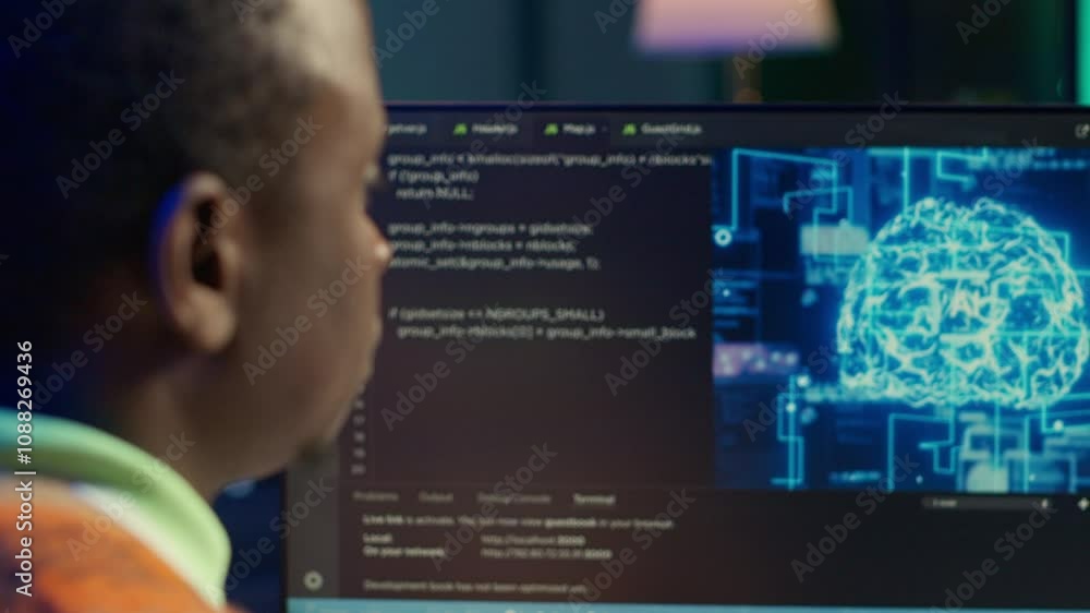 Poster african american man working on computer to write code and programming in artificial intelligence an